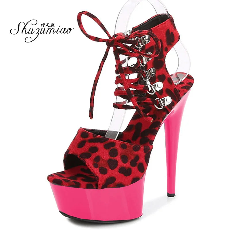Fashion Shoes Women Stripper Shoes Platform Sandals Girls Leopard Clear High Heels Shoes Strap Sandal Femmes Sandales