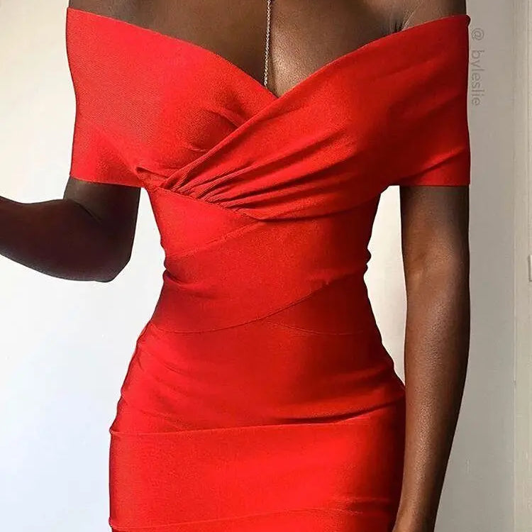 Summer Women Bodycon Sexy Off The Shoulder Rayon Bandage Dress Club Dress Midi Celebrity Party Dress