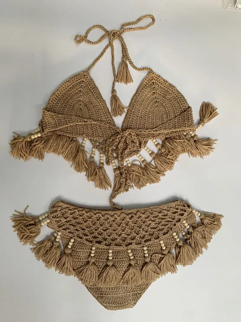 Sexy Crochet Bikinis Set Women Handmade Beading Tassel Knitting Bathing Suit Swimsuit 2021 New Micro Swimwear Summer Beachwear 11 Cotton