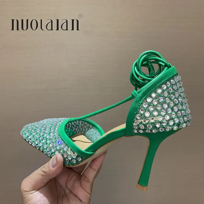 Fashion Green Rhinestone Women Pumps Sandals Female Square Toe high heels Lace Up Cross-tied Stiletto hollow Party Shoes Woman