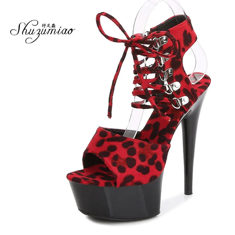Fashion Shoes Women Stripper Shoes Platform Sandals Girls Leopard Clear High Heels Shoes Strap Sandal Femmes Sandales