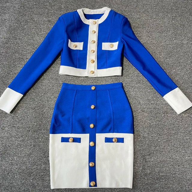 2024 New Patchwork Black White O Neck Long Sleeves With Pockets Buttons Two Pieces Bandage Skirt Women Set