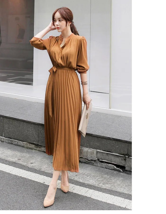 Elegant Chiffon Long Sleeve Shirt Dress Korean Fashion Women Belt Lace Up A-line Pleated Maxi Dress 2023 Fall Clothes Streetwear Orange-brown