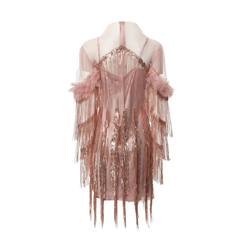 Solid Spliced Tassels Elegant Dresses for Women Round Neck Short Sleeves Patchwork Fungus Folds Dress Female New