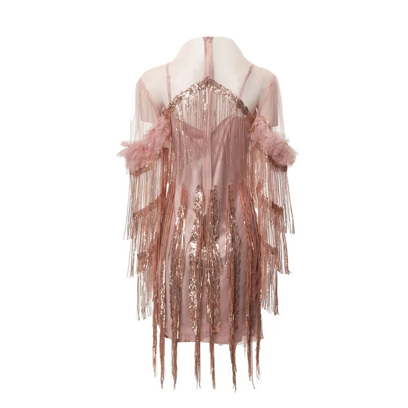 Solid Spliced Tassels Elegant Dresses for Women Round Neck Short Sleeves Patchwork Fungus Folds Dress Female New