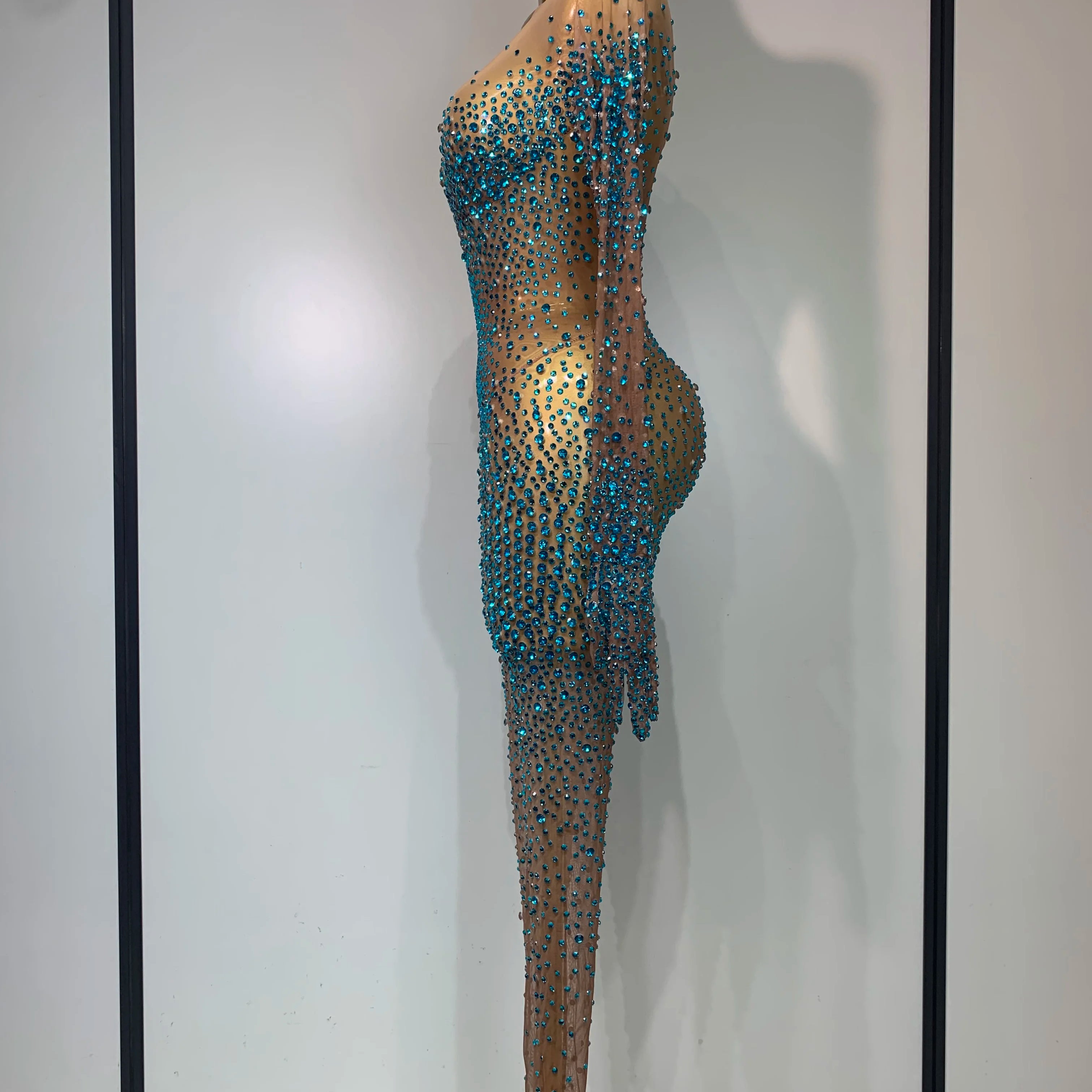 Luxury Rhinestones Bodycon Jumpsuit Sexy Women Mesh See Through Birthday Gown Women Bar Nightclub Dancer Stage Outfit