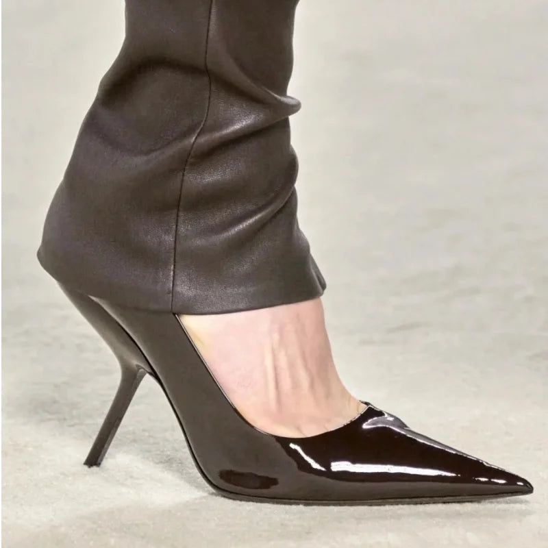 2025 Style Women's High Heels Shoes Patent leather Pointed Toe Solid Color Night Club Party Shoes Femme Summer Half Slippers