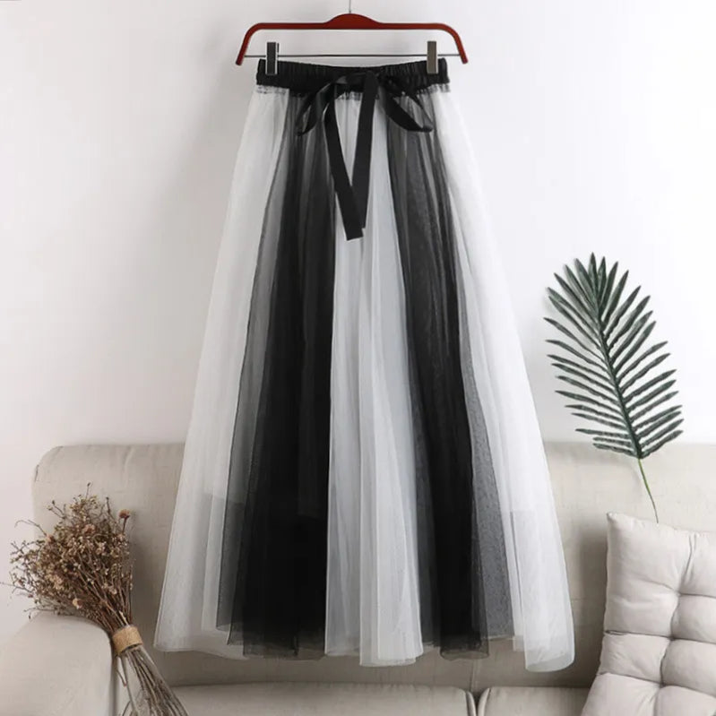 Spring Summer Gradient Color Tulle Skirts Women Fashion Bow Patchwork A-line Skirt Female Long Sweet Party Skirts