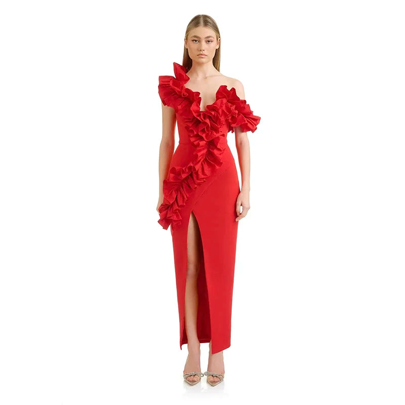 Robe moulante longue sans manches pour femme, couleur noire et rouge, épaules dénudées, volants, tenue de soirée, boîte de nuit