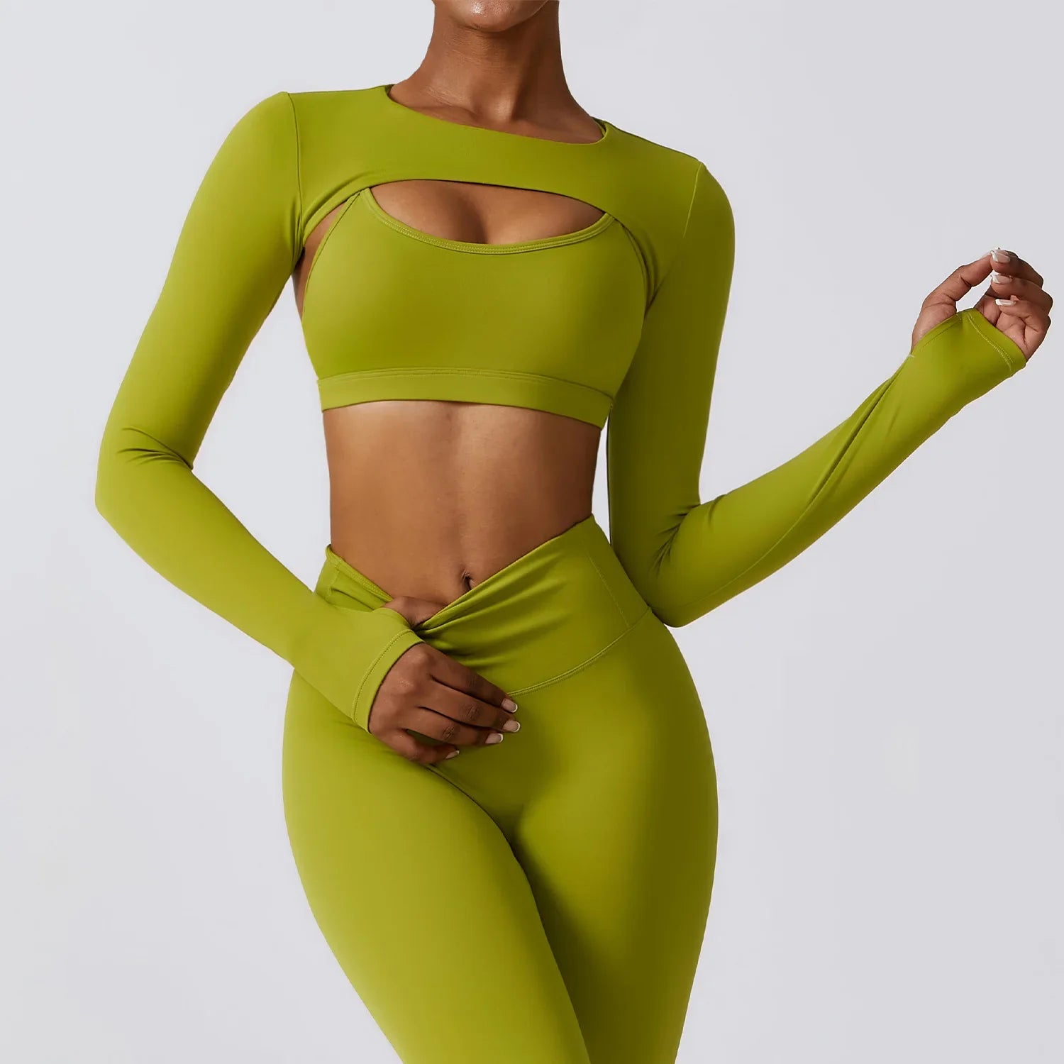 Outfitting Sports Camisole Long Sleeved Shawl Yoga Top Nude Fitness Top Gym Clothes Workout Push Ups Running Sports Smock Matcha Green CHINA