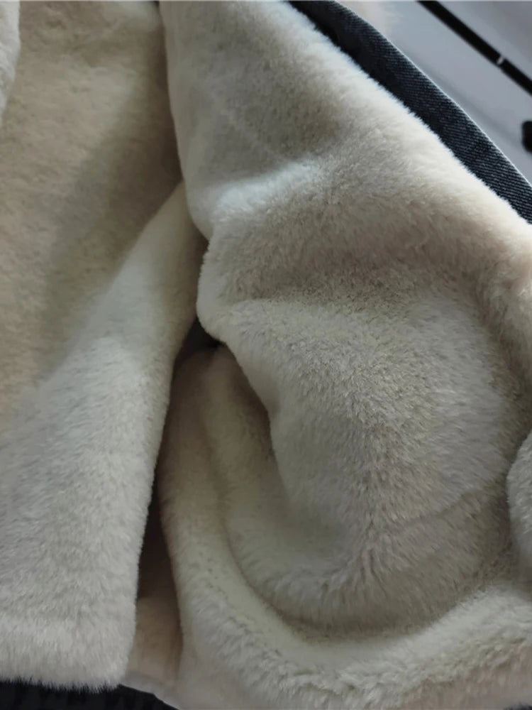 Women's Denim Coat Fox Collar Heart Beading Embroidered Flares Rivet Plush Thick Jackets Winter New Fashion