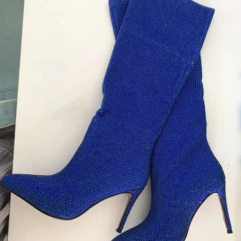 Rhinestone Women's High Boots Pointed Toe Slip-on Long Boots Women Boots High Heels Sexy Stiletto Ladies Party Shoes