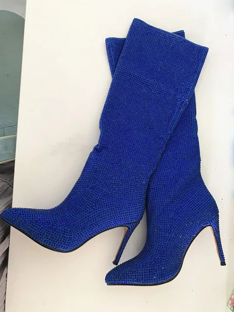Rhinestone Women's High Boots Pointed Toe Slip-on Long Boots Women Boots High Heels Sexy Stiletto Ladies Party Shoes