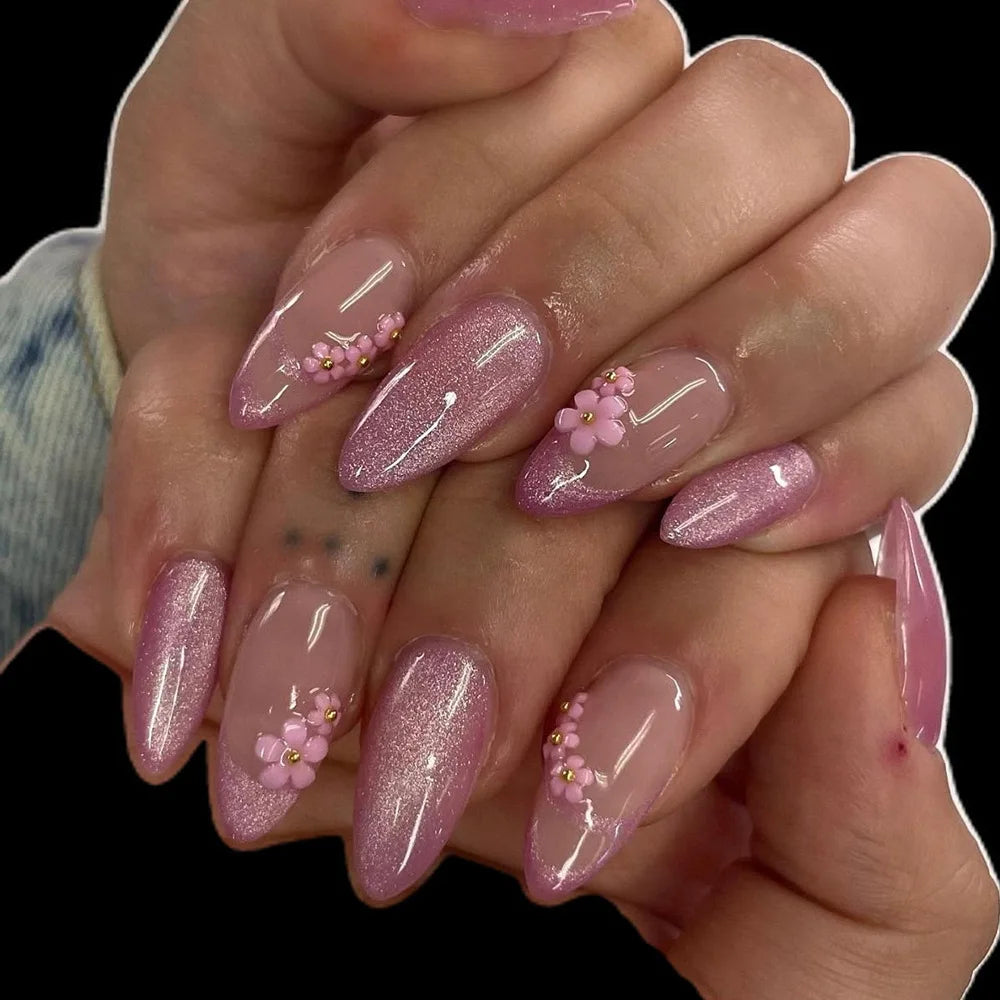 24pcs/set Medium fake nails for women girls 3D embossed flowers fruit shell rhinestones design Almond tips press on false nail