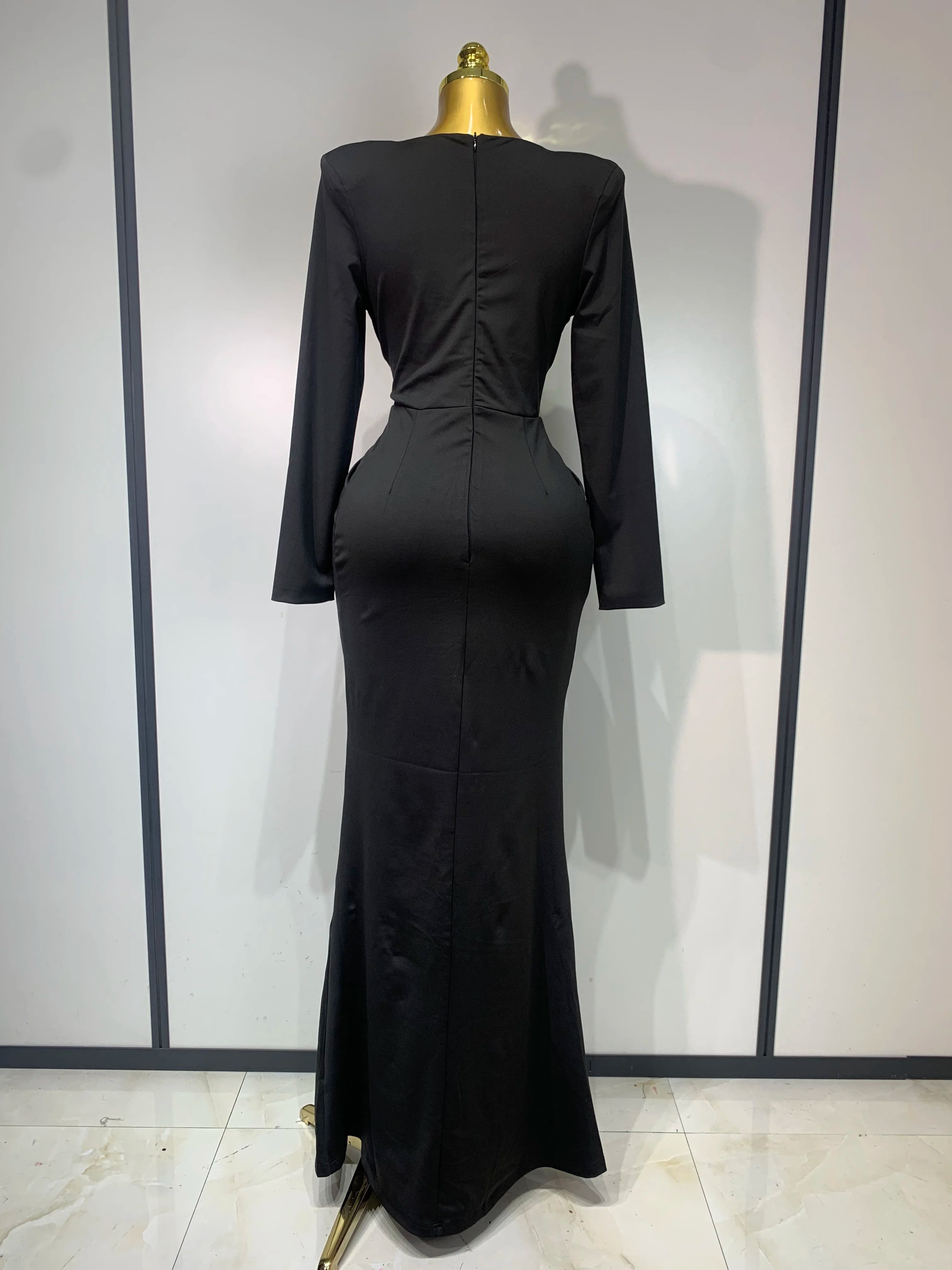 Vestido longo justo com diamante preto, feminino, sexy, decote em V profundo, mangas compridas, para festa de passarela, 2025, elegante, vestido de festa à noite