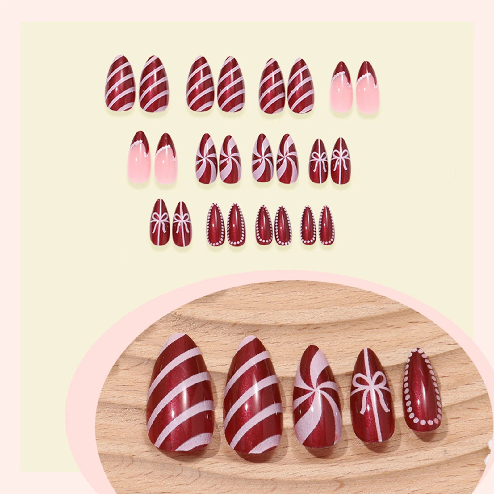 Women Christmas Party Wine Red Fake Nails 24Pcs Almond Press On Nails Xmas Hat French False Nail Bowknot/Dot Printed Nails Art