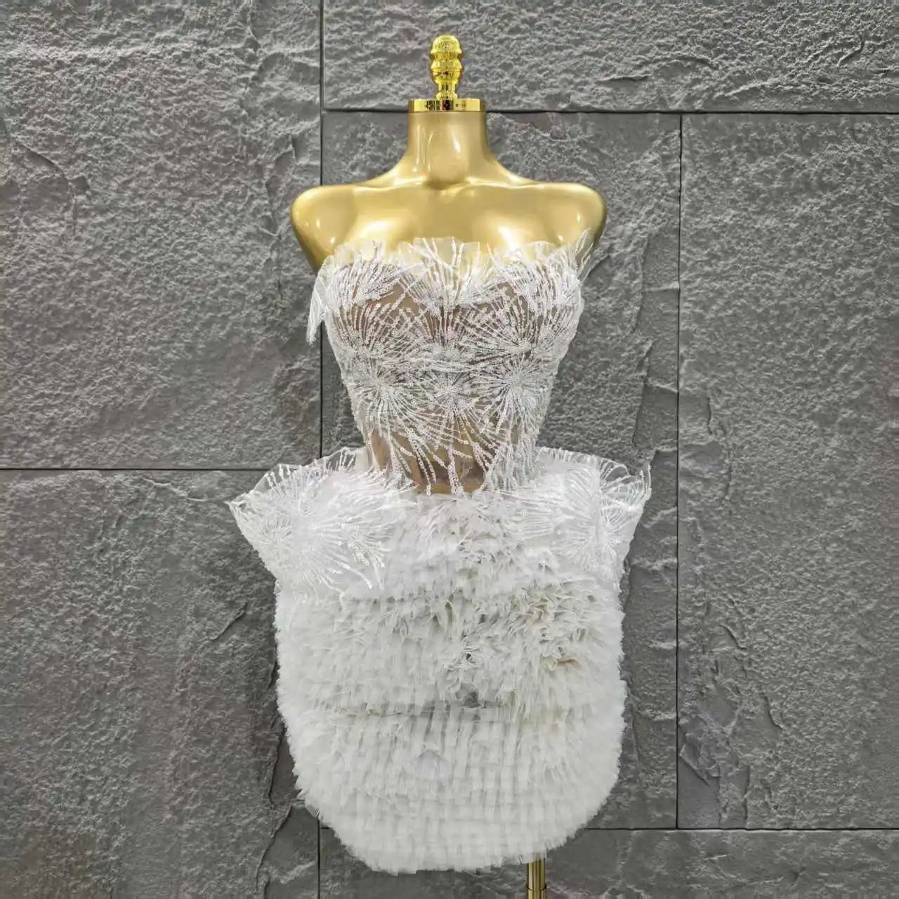 STOCK White Color Women Sexy Strapless 2 Pieces Ball Gown Mini Dress Celebrate Cute Birthday Party Photo Shoot Outfit Vestido