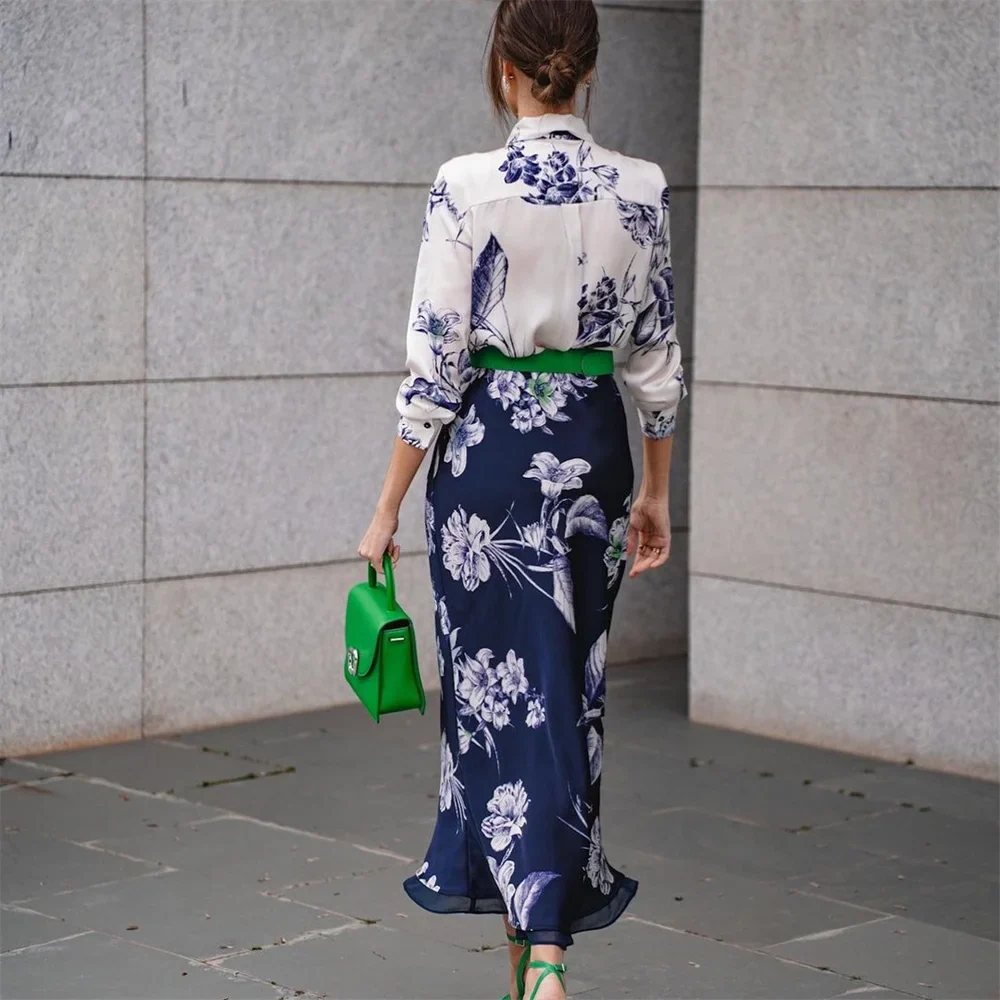 UNIZERA Spring New Fashion Bow Decoration Printed Shirt+High Waist Versatile Long Skirt Spliced with Silk Texture Skirt