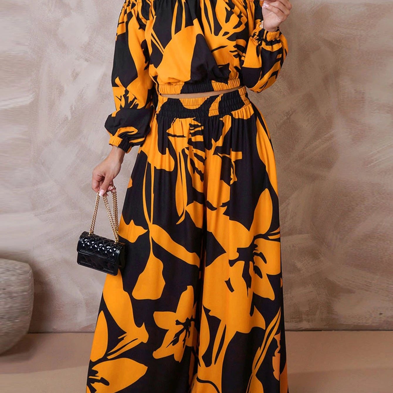 LW Plus Size Elegant Two pieces sets Off The Shoulder Floral Print Pants Set long sleeve color contrast Top + loose pants sets