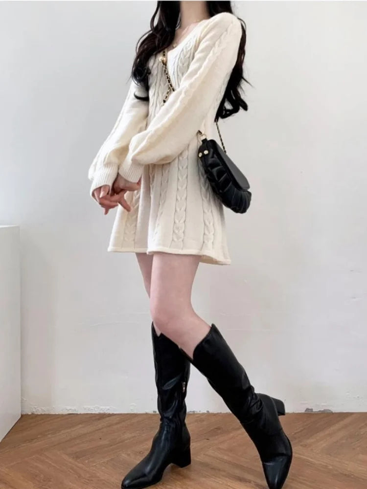Knit Knitted Sweater Mini Dress Women Casual Lantern Sleeve Short Dresses Autumn Winter V-neck Outfits Female