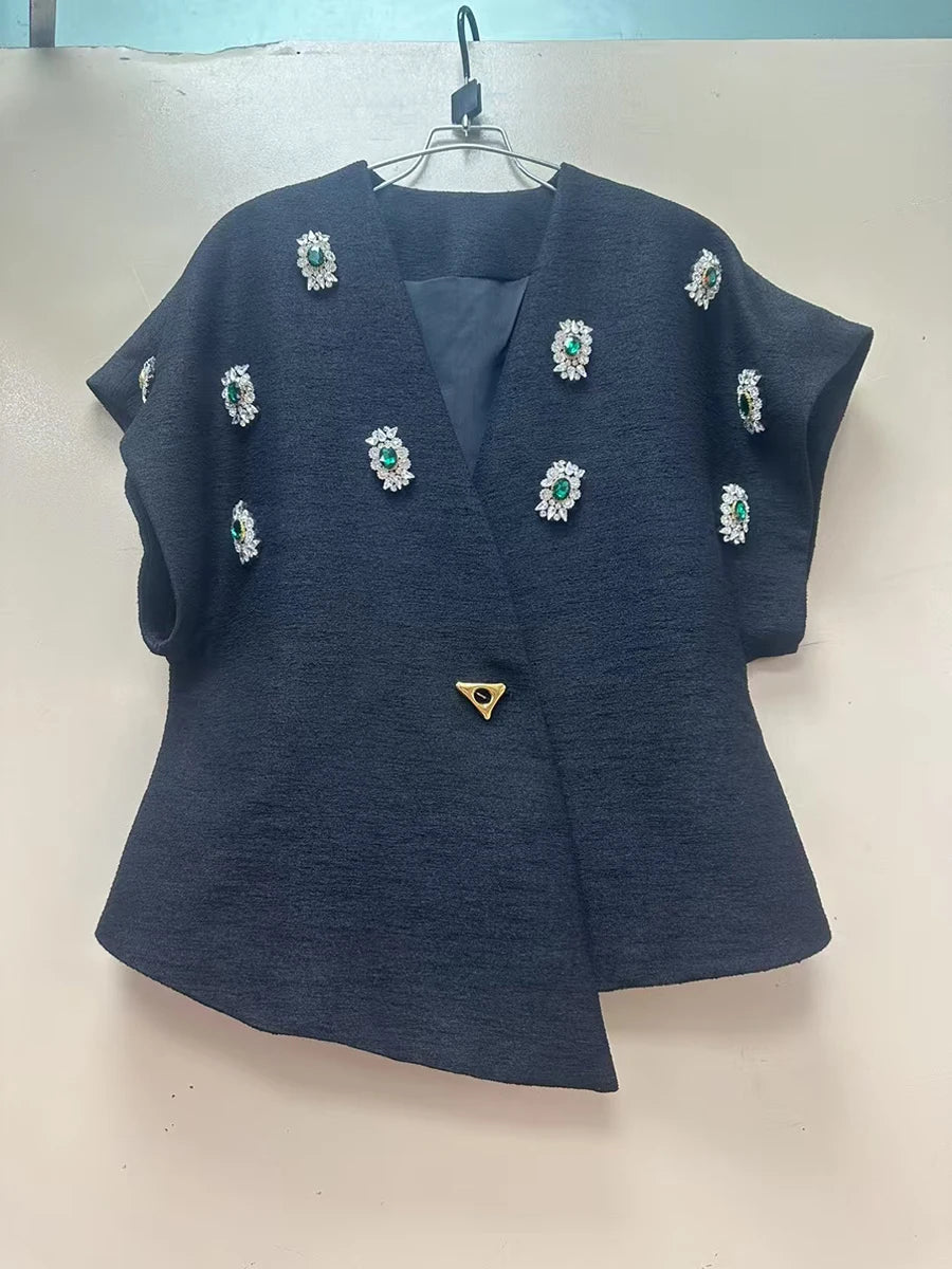 TWOTWINSTYLE Solid Spliced Bead Luxurious Jackets for Women V Neck Short Sleeves Patchwork Button Elegant Jacket Femlae Fashion