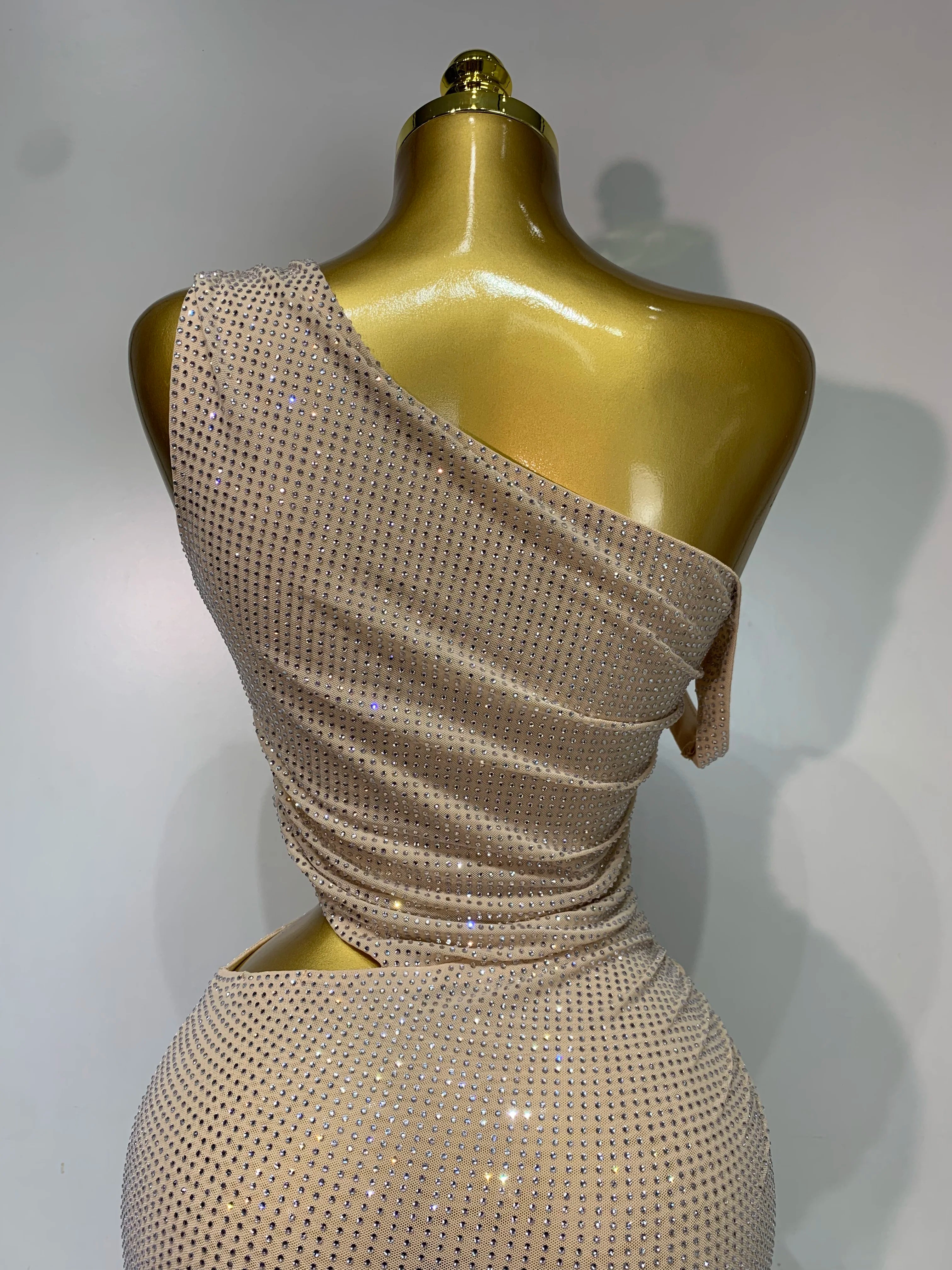 Women Sexy One Shoulder Exposed Waist Diamonds Bodycon Long Dress Cut Out Luxury Crystal Dresses Evening Party Birthday Gowns