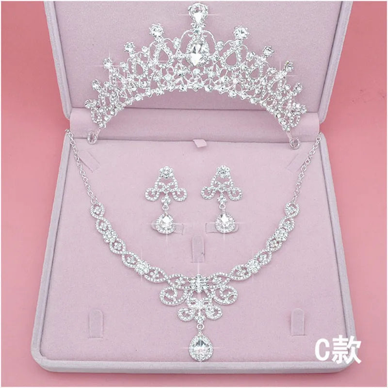 Bridal Jewelry Sets Crown Necklace Earrings Four Pack Silver Colour Women's Fashion Wedding Tiaras