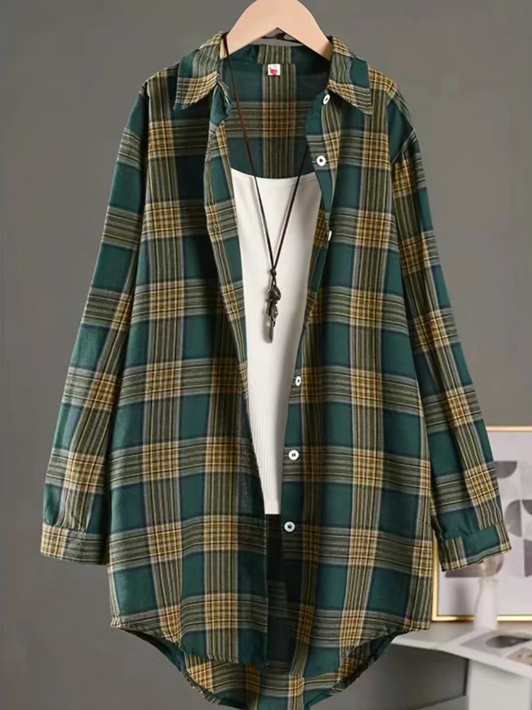Plaid Medium Long Blouses Casual Style Loose Shirts Female Summer Beach Sunscreen Blouses Fashion Korean Style Female Blouses Green