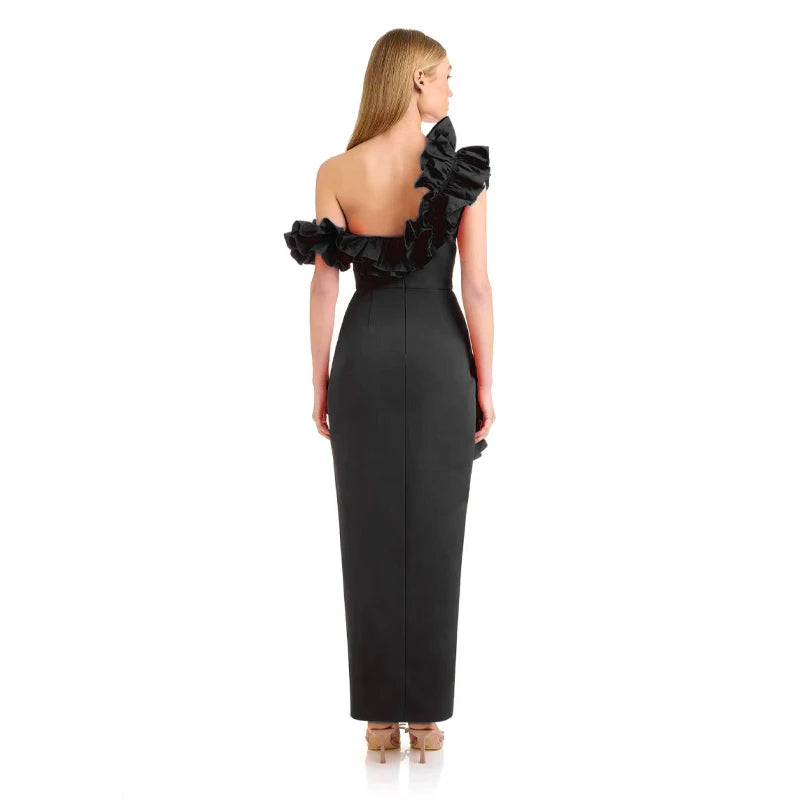 Red Black Women Sleeveless Sexy Off the Shoulder Ruffles Bodycon Long Bandage Dress Nightclub Party Celebrate Cocktail Dress
