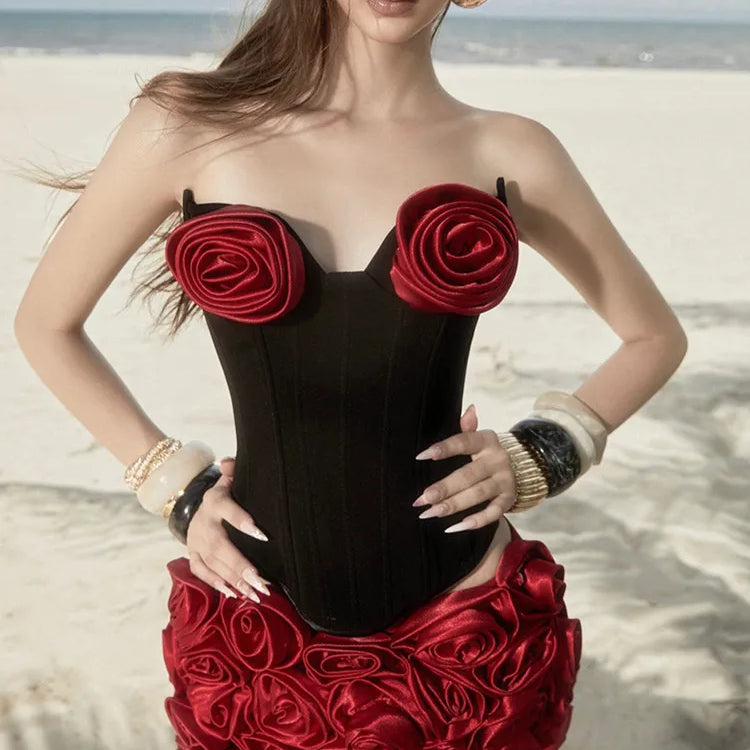 Women Sexy Strapless Zipper Patchwork Red Flower Mini Two Pieces Skirt Bandage Set 2025 Celebrity Designer Fashion Women's Set
