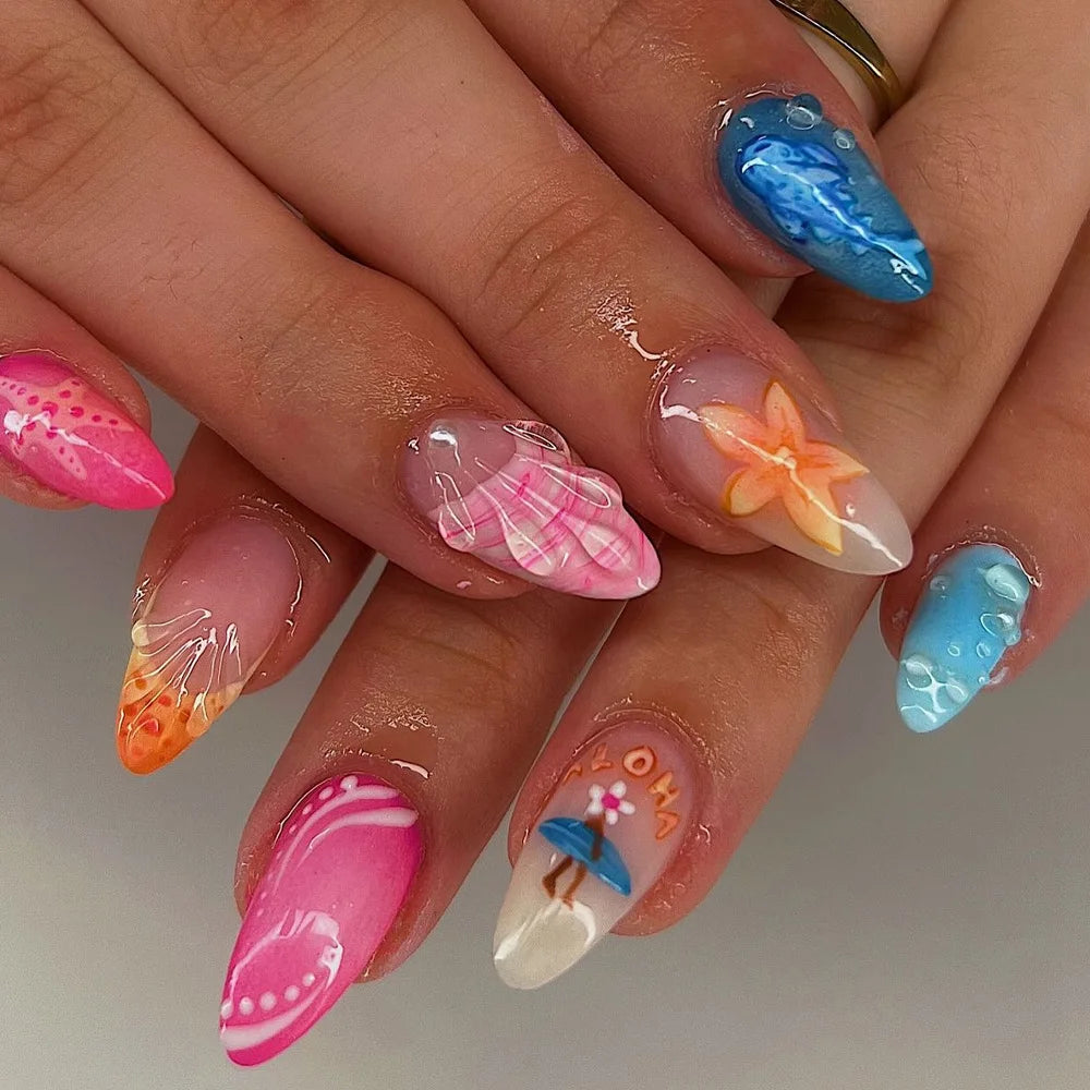 24pcs Summer Almond Press on Nails Ins Simple Flower Shell Decor French False Nails Wearable Reusable Fake Nails for Women Girl