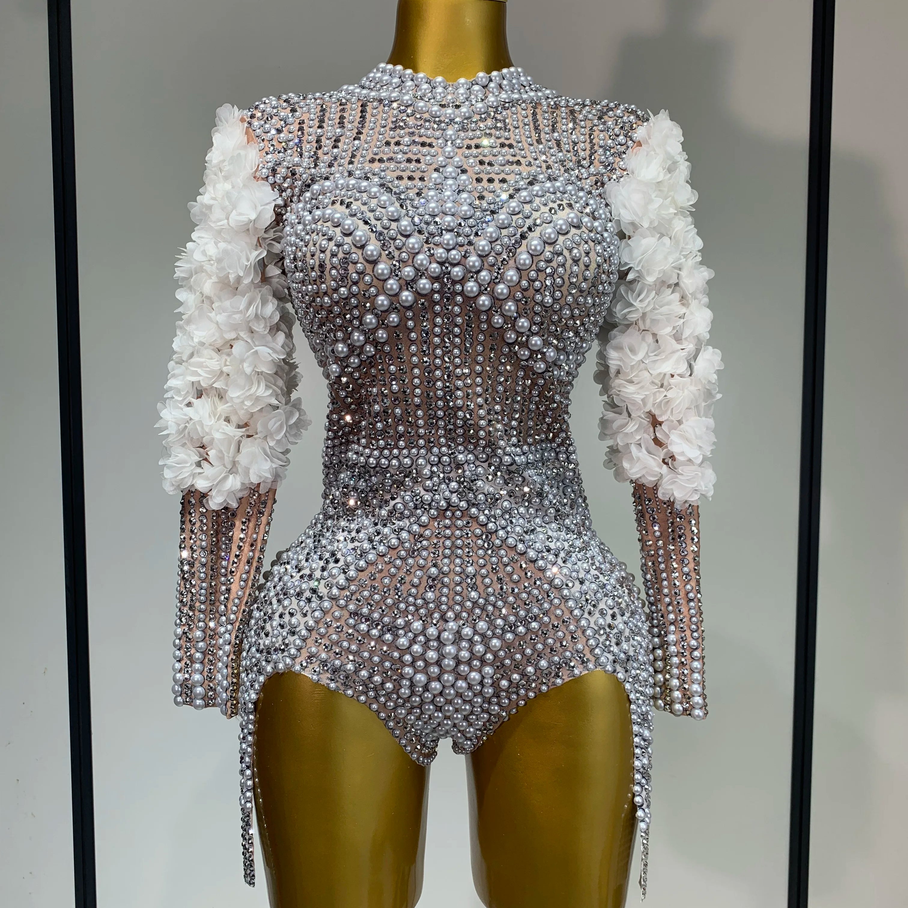 Sparkly Luxury Sheath Bodysuit Women Sexy Pearls Rhinestone Flowers Stage Singer Outfit Nightclub Performance Dance Costume