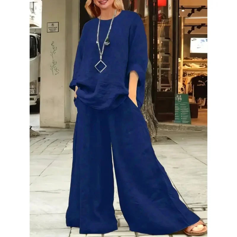 Plus Size New Women's Summer Fashion Linen Solid Color Shirt Set Long Sleeve Loose T-shirt Wide Leg Pants Casual Two-piece Set