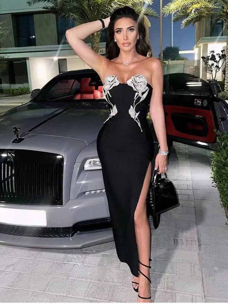Women Sexy Bandage Dresses 2023 Summer Wrap Chest Sleeveless Bodycon Diamond Design Midi Dresses Celebrity Evening Party Vestido