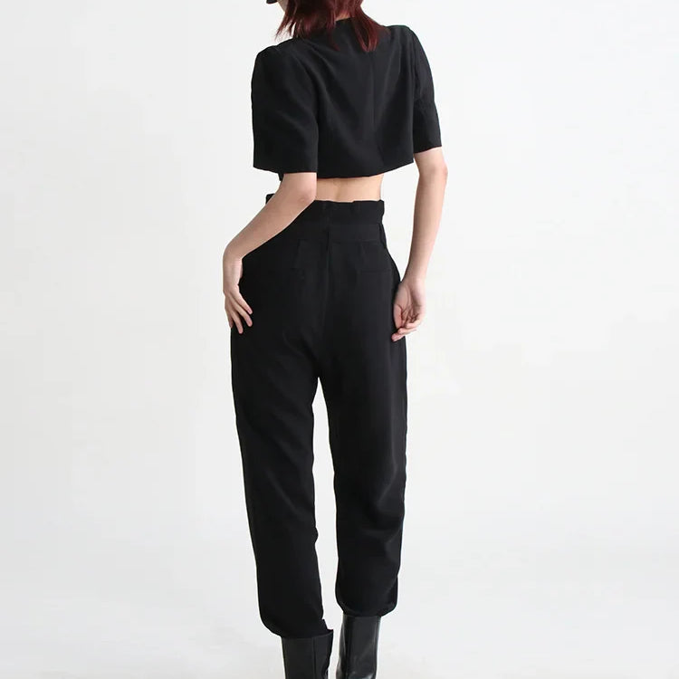 VGH Slim Two Piece Sets For Women V Neck Short Sleeve Crop Tops High Waist Spliceed Belt Wide Leg Pants Casual Set Female 2023