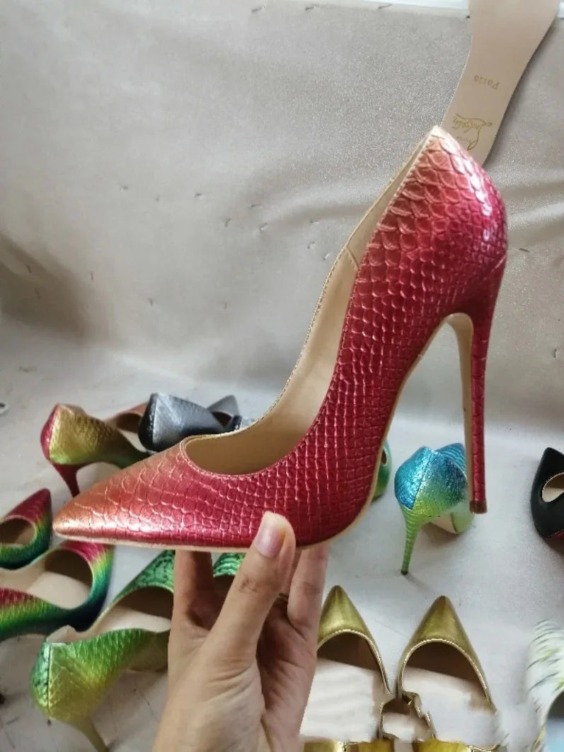 White Snake Pattern Pumps Shallow Pointed Toe High Heels Pull On Luxury Shoes Solid Scales Metallic Sandalias De Mujer 12CM