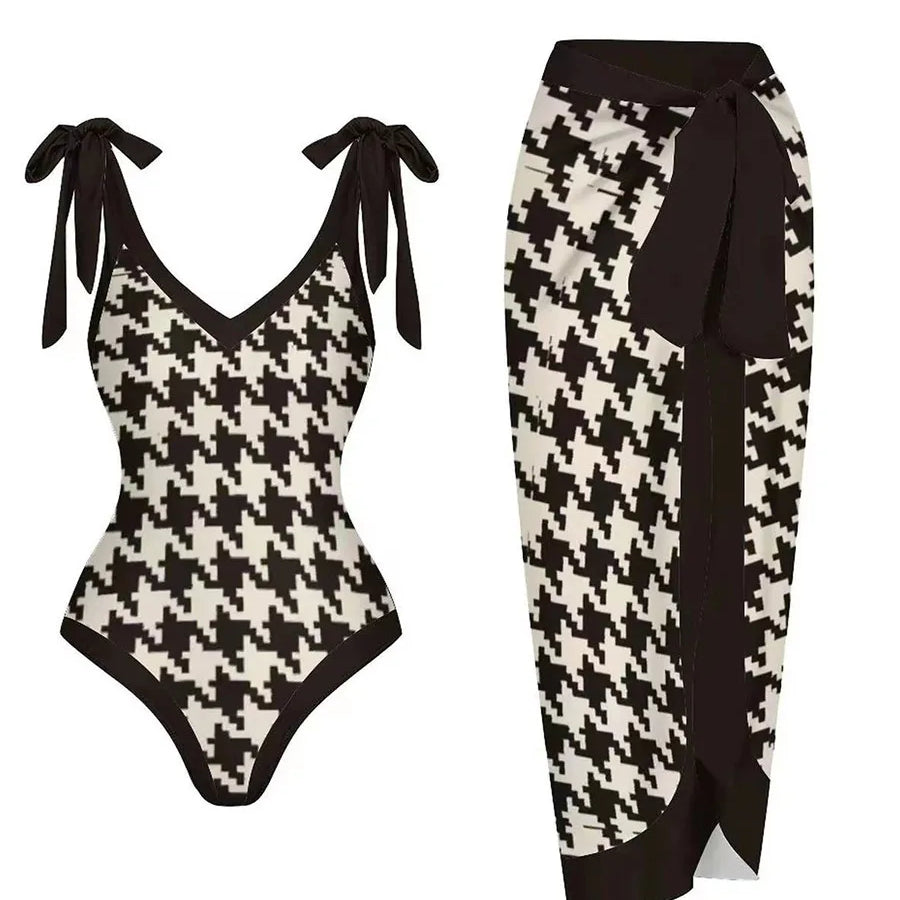 String One Piece Swimsuit & Vent Skirt Padded Sexy Swimwear Women Bathing Suit Female Swimming Summer Beachwear Bodysuit Black3