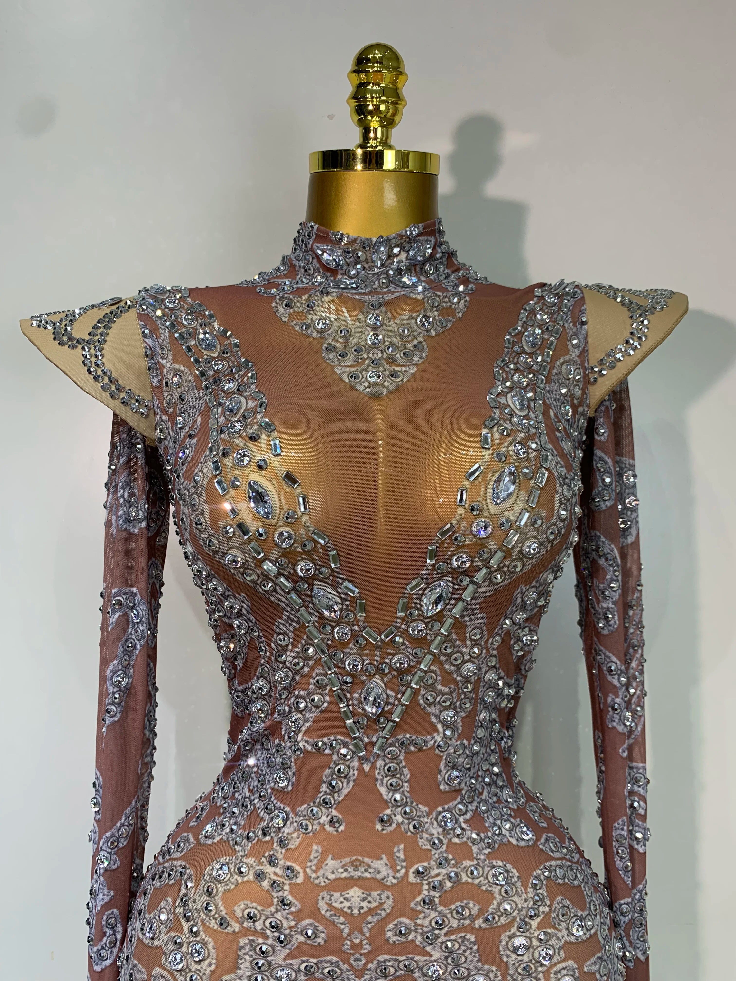 Women Shiny Rhinestones Mesh Transparent Mini Dress Luxury Birthday Celebrate Photoshoot Dress Singer Stage Drag Queen Costume