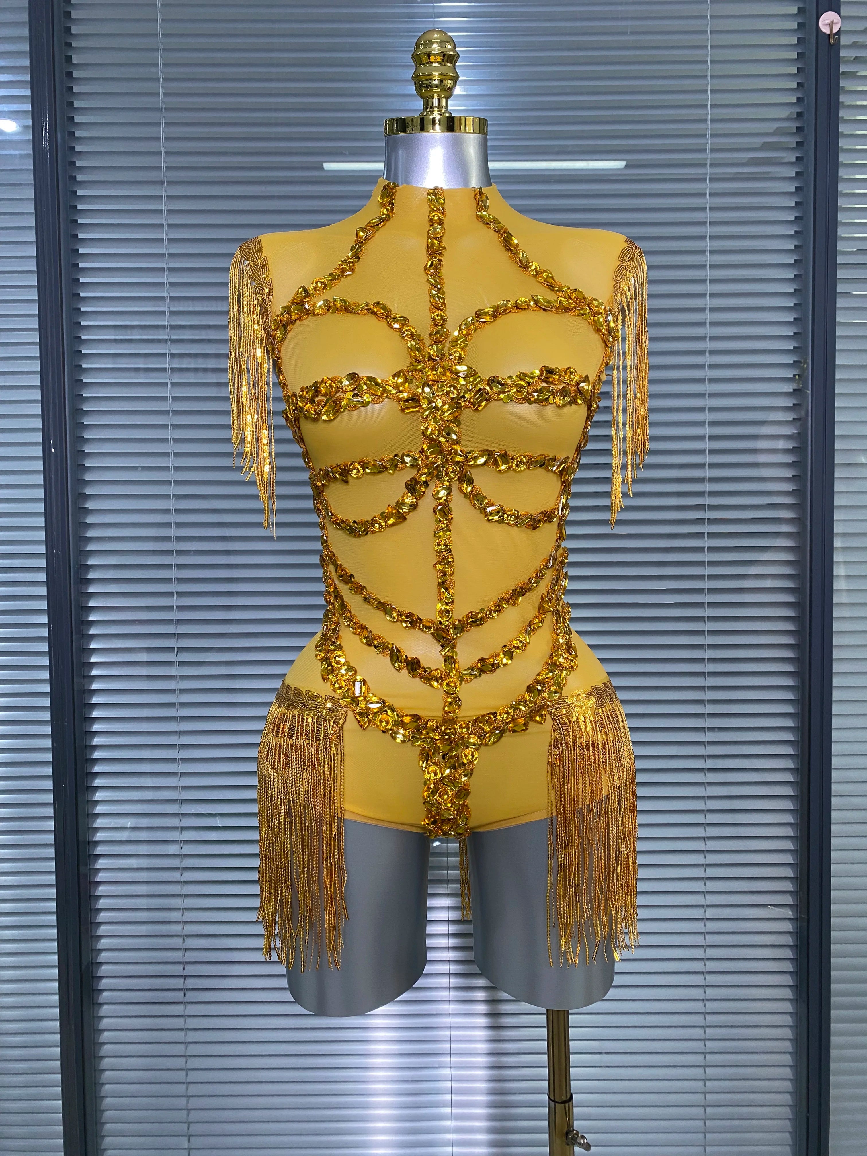 Women Sexy Tassel Crystal Diamonds Stretchy Night Club See Through Singer Dancer Stage Costume Hot Pink Party Bodysuit