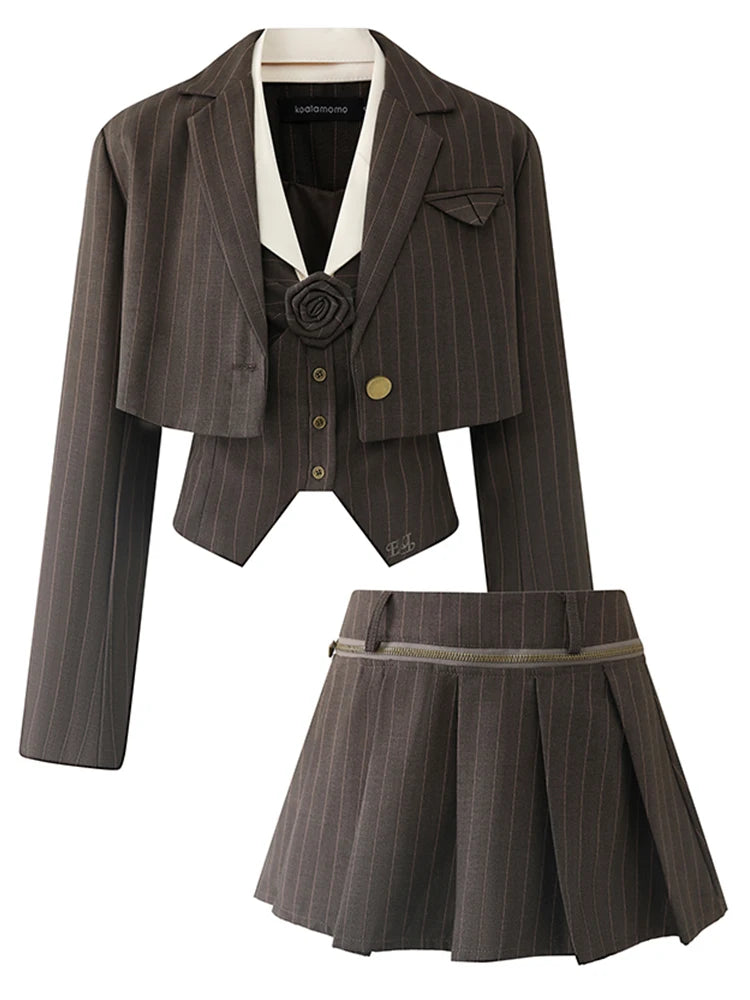 Fall Women Birthday Preppy Style Gyaru Rave Outfits 3 Piece Set Cropped Blazer + Design Vest + High Waist Mini Pleated Skirts