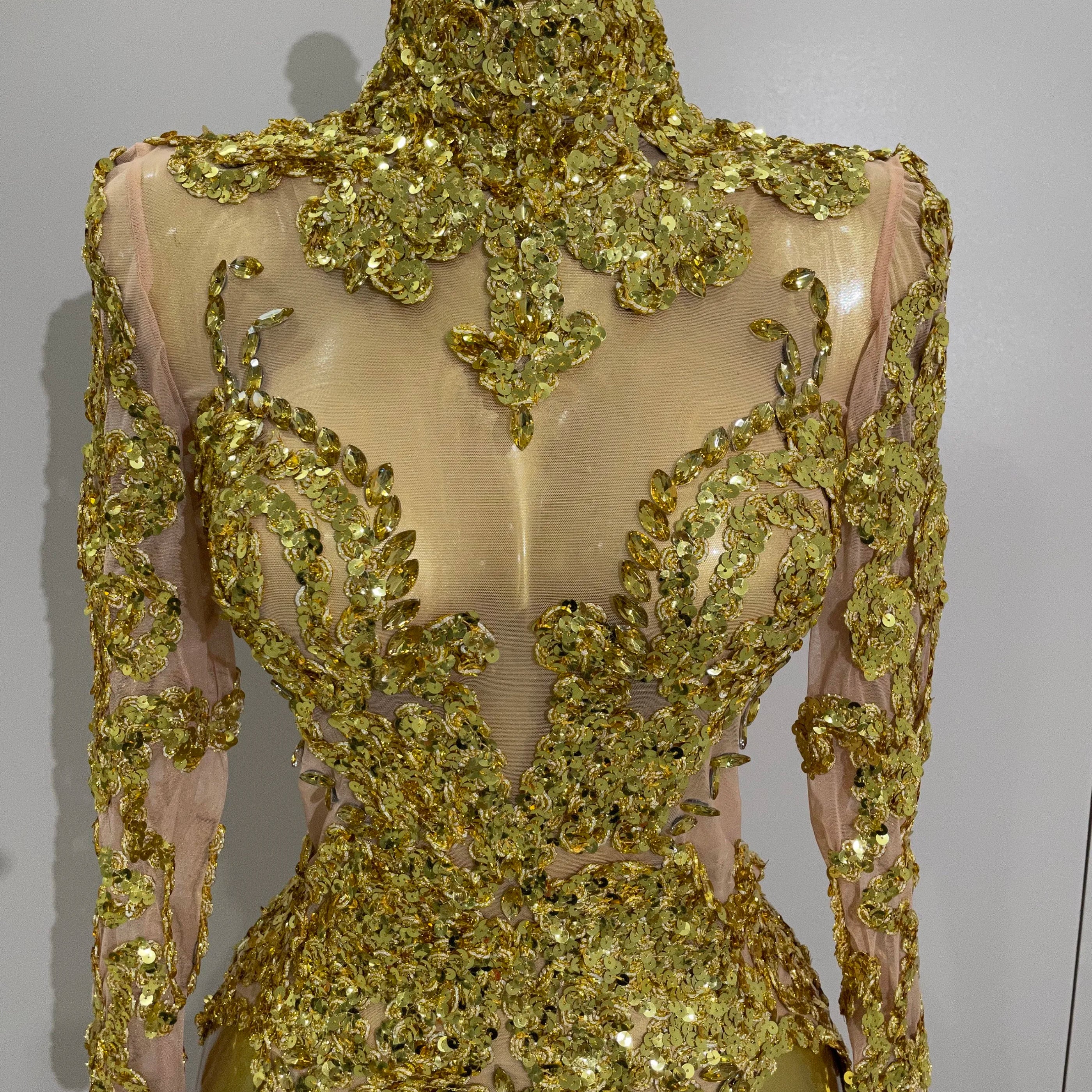 Luxury Sparkly Sequins Stretch Long Sleeve Mesh Mini Dress 2025 Women Birthday Party Nightclub Dancer Stage Performance Costume