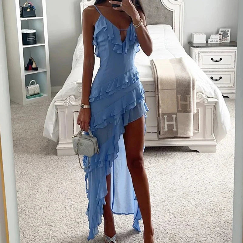 Holiday Maxi Midi Ruffles Beach Dress New Fashion Solid Color A-line Midi Dress Summer Sexy Strap Irregular Dress