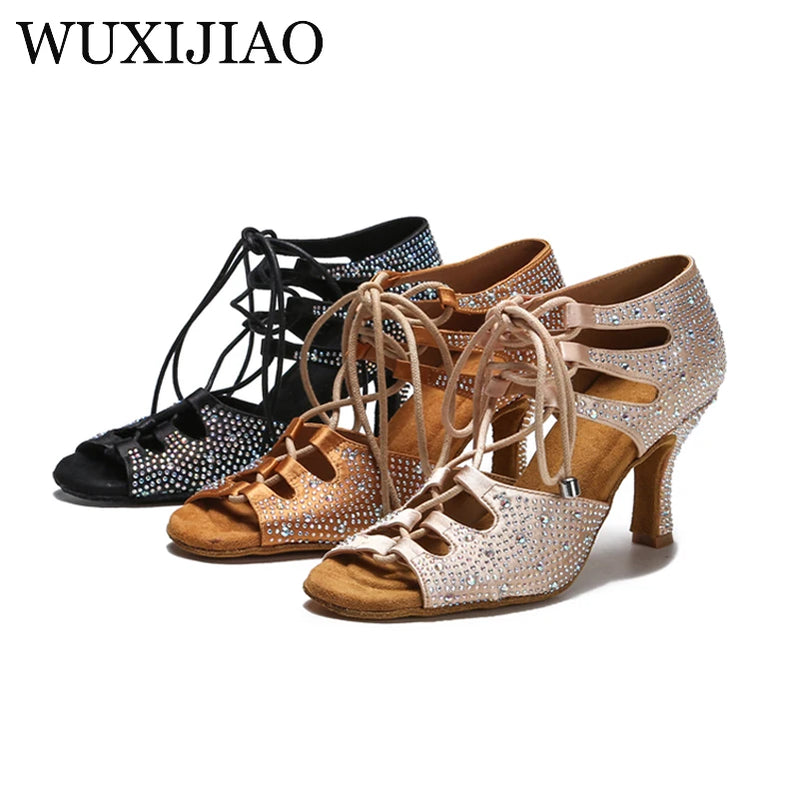 di seta donna scarpe da ballo latino fondo morbido sandali da donna Tango Party Dance Shoes scarpe da sposa con strass