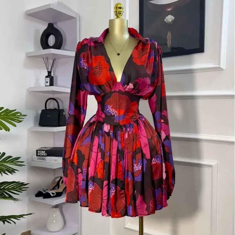 CM.YAYA Women V-neck Long Sleeve Pleated Floral Print Mini Dress Sweet elegant Sexy Birthday Beach Night Party Vestidos Dresses