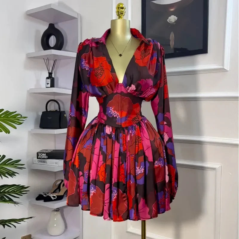 CM.YAYA Women V-neck Long Sleeve Pleated Floral Print Mini Dress Sweet elegant Sexy Birthday Beach Night Party Vestidos Dresses