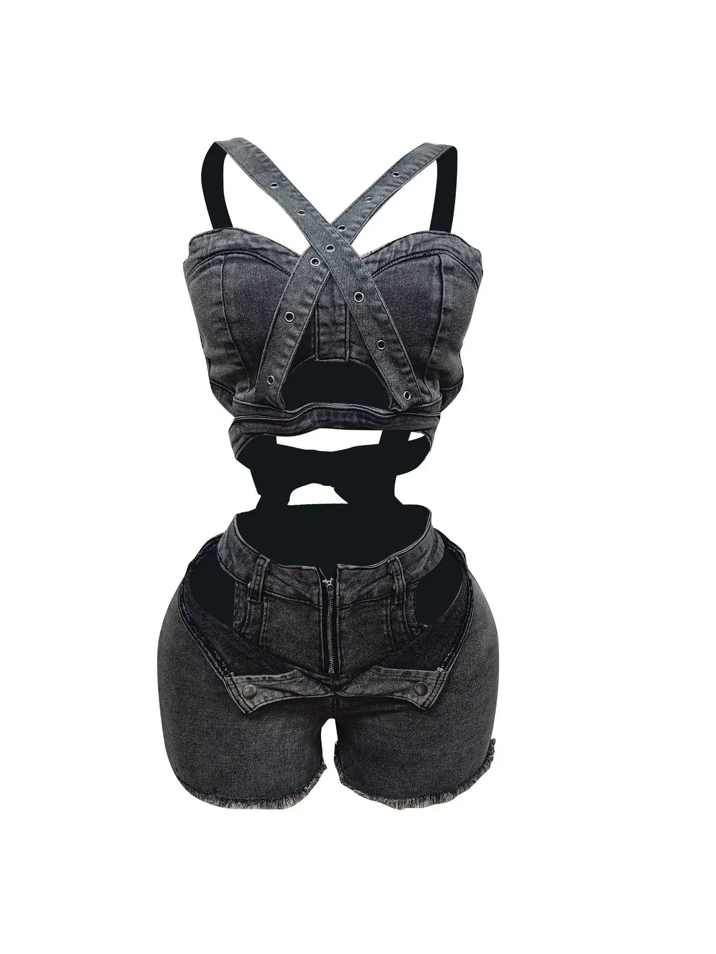 CM.YAYA Fashion Denim Cutout Women's Set Wrap Strap Crop Top and Shorts Jeans 2025 Summer Two 2 Piece Sets Outfits Tracksuit black gray