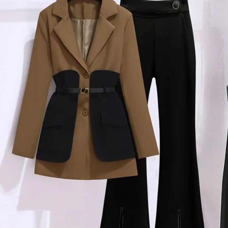 2023 Spring Belt Decorative Patchwork Jacket Blazer Casual Expansion Crying Two-piece Elegant Women Pants Suit Office Outfits 2pcs set coffee