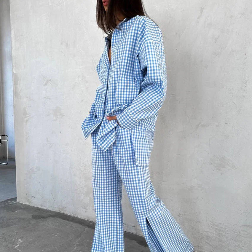 Clacive Fashion Loose Blue Stripe Cotton 2 Piece Sets Women Outfit Elegant Long Sleeve Shirt With High Waist Wide Pants Set