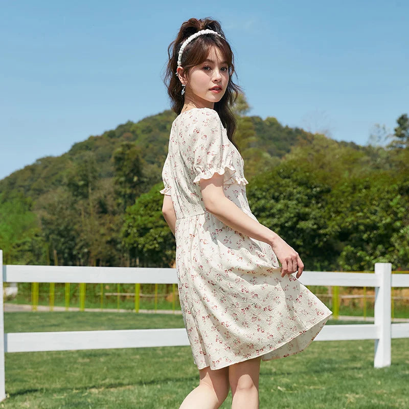 Dress Women Waist Stringy Selvedge Summer Romantic Puff Sleeves Square Neck Textured Floral Skirt