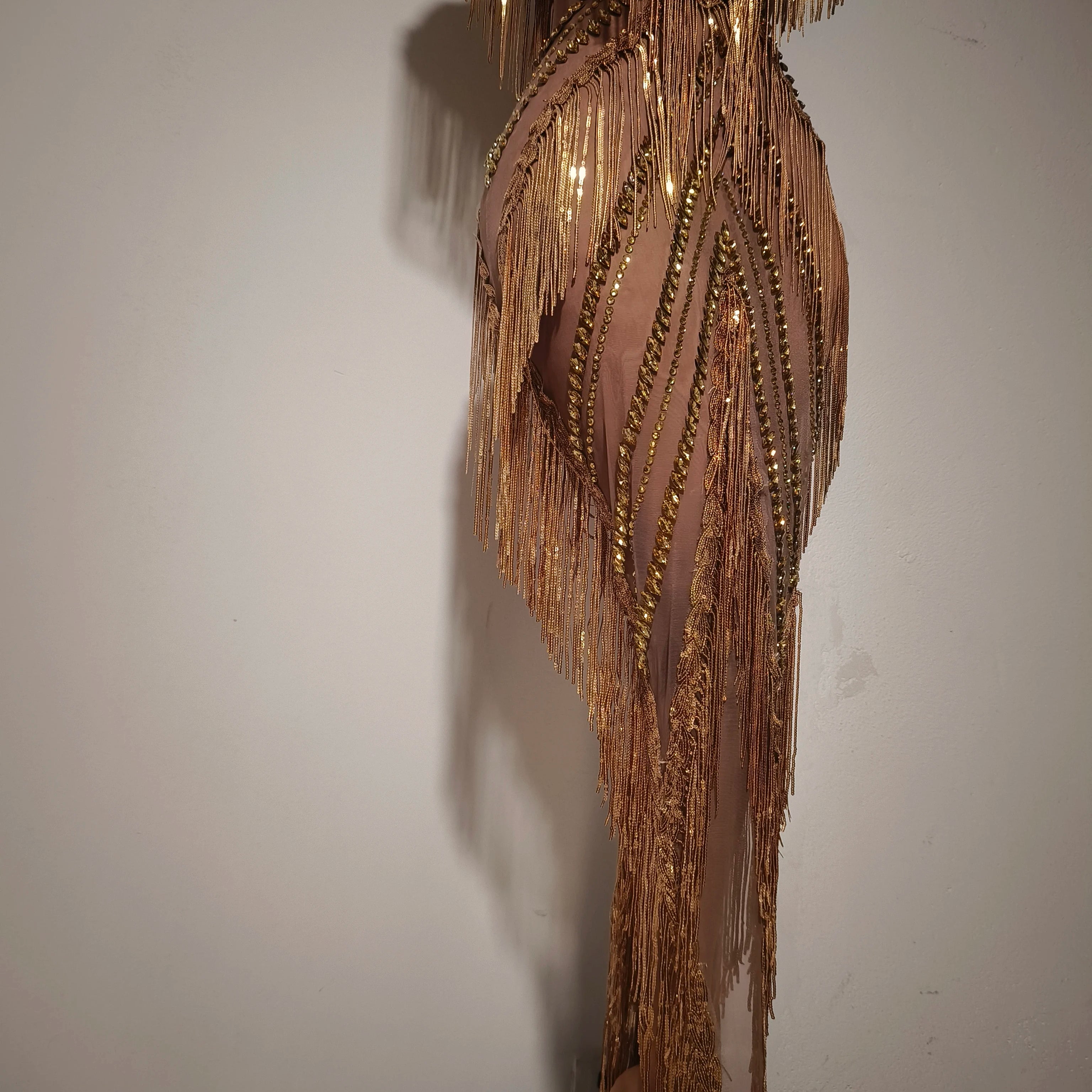 New Women Sexy Mesh Crystal Tassel Sparkly Maxi Dress See Through Gold Silver Party Singer Party Costume Stage Performance Dress